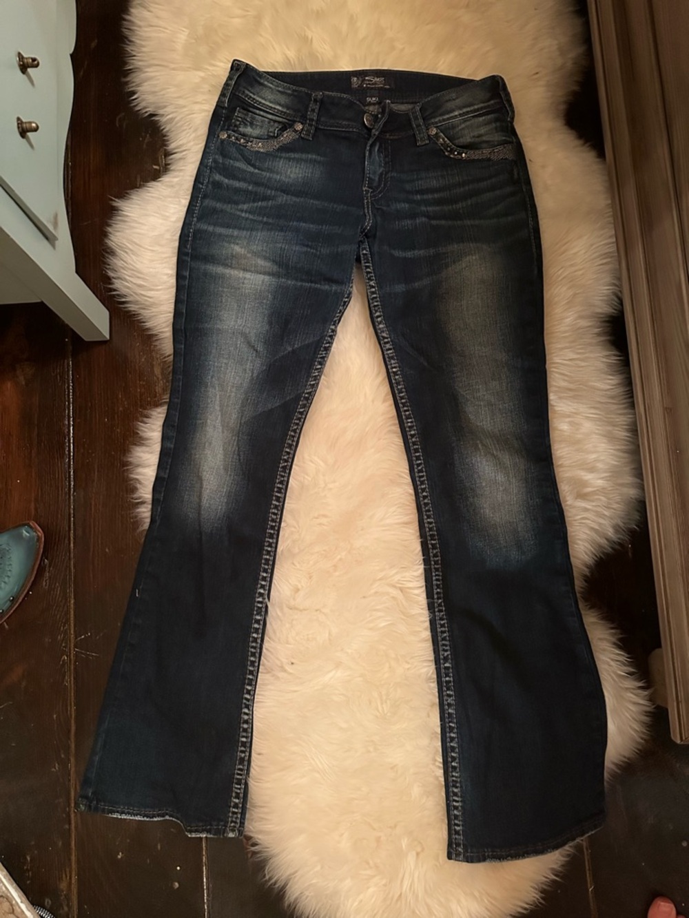 Vintage Silver Jeans Dark Blue Boot Cut Jeans embellished back pockets